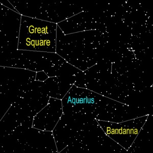 Between the Great Square of Pegasus and the Bandanna of Capricornus lies the rather nondescript constellation of Aquarius the Water Bearer.