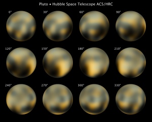 This is the most detailed view to date of the entire surface of the dwarf planet Pluto, as constructed from multiple NASA Hubble Space Telescope photographs taken from 2002 to 2003. The center disk (180 degrees) has a mysterious bright spot that is unusually rich in carbon monoxide frost. Pluto is so small and distant that the task of resolving the surface is as challenging as trying to see the markings on a soccer ball 40 miles away. Credit: NASA, ESA, and M. Buie (Southwest Research Institute). Photo No. STScI-PR10-06a