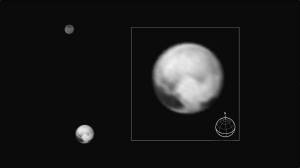 Pluto and its largest moon Charon seen from New Horizons on July 1, 2015. The inset shows Pluto enlarged; features as small as 100 miles (160 kilometers) across are visible. Credits: NASA/JHUAPL/SWRI