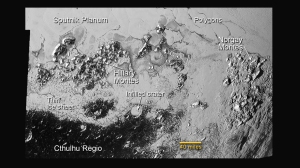 This LORRI image shows the surface terrain of Pluto are much more complicated than planetary scientists first thought. Notice the polygonal shape of many of the plains viewed, two magnificent mountain ranges, and cratered terrain that looks like ice has recently been deposited.
