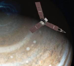 This artist's rendering shows NASA's Juno spacecraft above the north pole of Jupiter. Credits: NASA/JPL