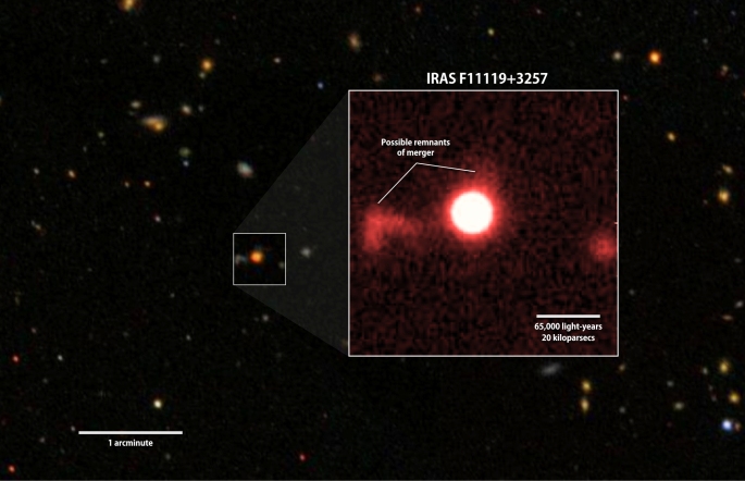 A red-filter image of IRAS F11119+3257 (inset) from the University of Hawaii's 2.2-meter telescope shows faint features that may be tidal debris, a sign of a galaxy merger. Background: A wider view of the region from the Sloan Digital Sky Survey. Credits: NASA's Goddard Space Flight Center/SDSS/S. Veilleux