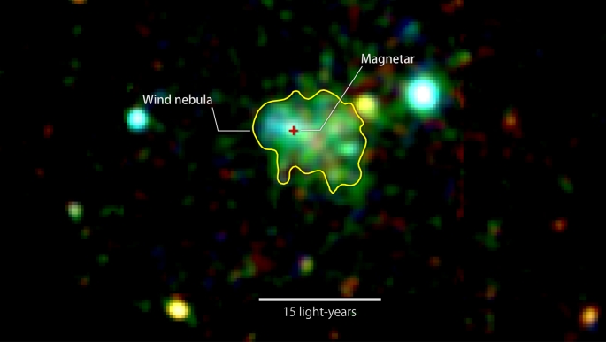 This X-ray image shows extended emission around a source known as Swift J1834.9-0846, a rare ultra-magnetic neutron star called a magnetar. The glow arises from a cloud of fast-moving particles produced by the neutron star and corralled around it. Color indicates X-ray energies, with 2,000-3,000 electron volts (eV) in red, 3,000-4,500 eV in green, and 5,000 to 10,000 eV in blue. The image combines observations by the European Space Agency's XMM-Newton spacecraft taken on March 16 and Oct. 16, 2014. Credits: ESA/XMM-Newton/Younes et al. 2016